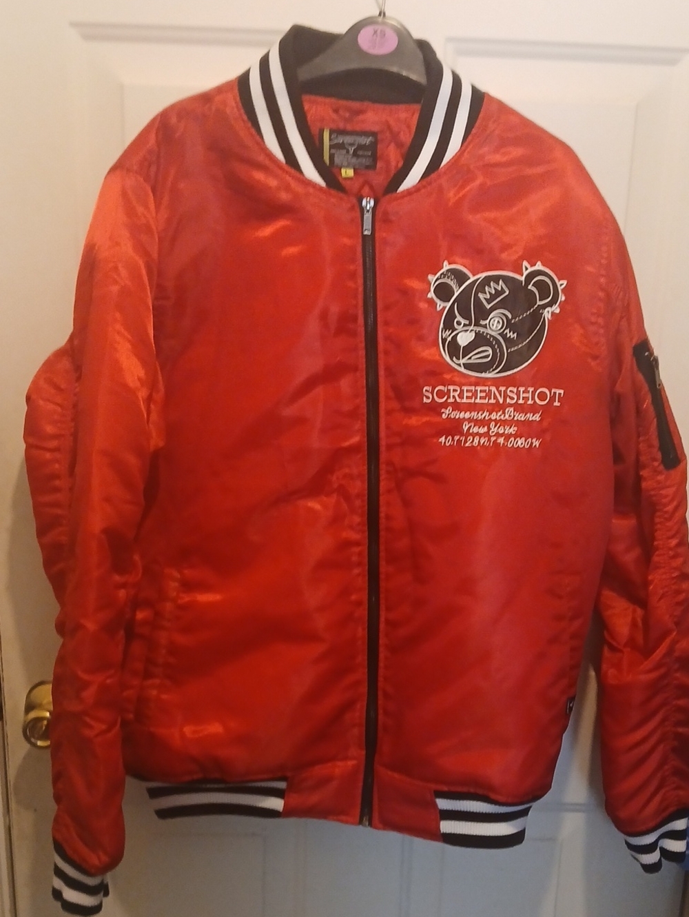 Screenshot Red Bomber Jacket with Bear Patch